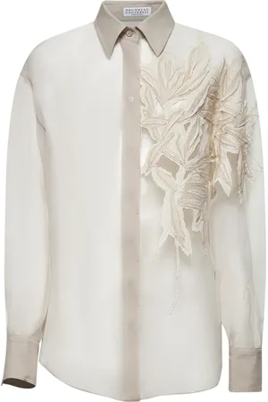 Brunello Cucinelli Bluser & Skjorter, Dame, , L, Uld, Silke Skjorte med Herbarium Broderi