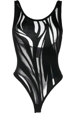 MUGLER Top, Dame, Sort, L, Sort, gennemsigtig mesh-bodysuit med mønster