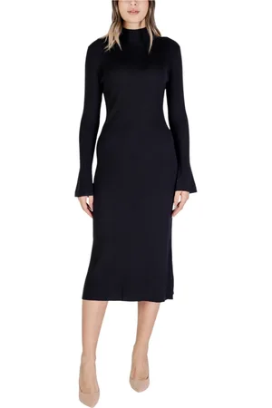 SANDRO FERRONE Kjole, Dame, Sort, L, Polyester, Ribstrikket Midi Kjole Høj Hals