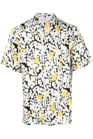 Lanvin Skjorte, Herre, Flerfarvet, M, Uld, Kortærmet Sort Silkeskjorte med Blomsterprint