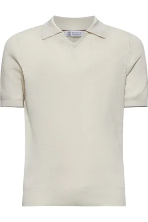 Brunello Cucinelli Top, Herre, Hvid, 2XL, Bomuld, V-Neck Polo Sweater Ivory Knit