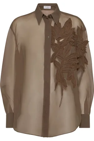 Brunello Cucinelli Bluser & Skjorter, Dame, Brun, L, Silkeskjorte med blomsterapplikation