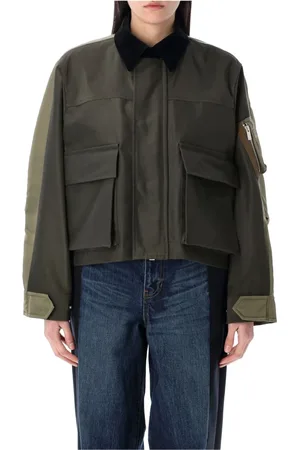 SACAI Jakke, Dame, Grøn, S, Uld, Khaki overtøj med fløjl krave