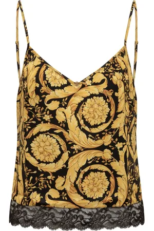 VERSACE Top, Dame, Flerfarvet, L, Silke Undershirt med Sort Blondekant