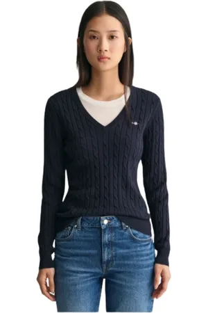 GANT Strik, Dame, Blå, XL, Bomuld, Twisted Cotton V-Neck Sweater