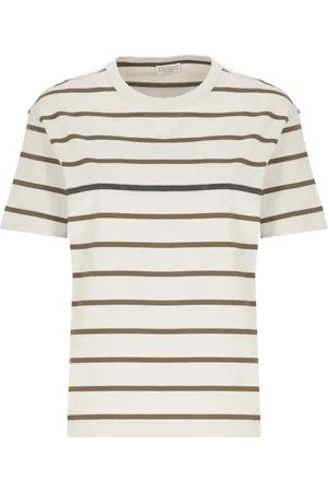 Brunello Cucinelli Top, Dame, , M, Bomuld, Stribet bomuldst-shirt med messingdetaljer