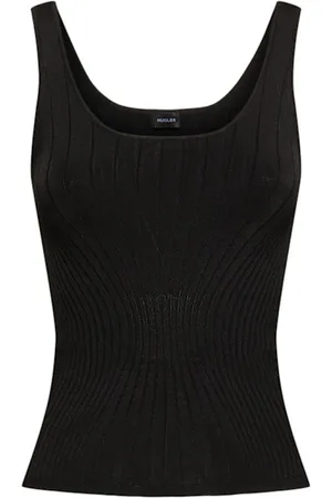 MUGLER Top, Dame, Sort, S, Nylon, Sort Ribbet Top med Firkantet Hals og Uden Ærmer