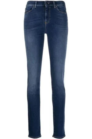 Emporio Armani Jeans, Dame, Blå, W30, Læder, Slim Fit Denim Jeans med læderlogo