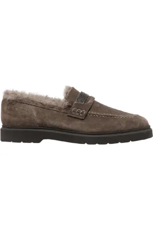 Brunello Cucinelli Sko, Dame, Brun, 40 EU, Læder, Mokkasiner i ruskind og shearling