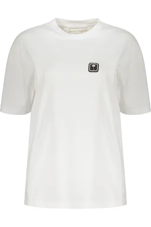 Palm Angels Top, Dame, Hvid, XS, Bomuld, Ribbet bomulds T-shirt med logo patch