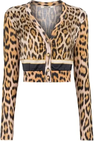 Roberto Cavalli Strik, Dame, Brun, 2XS, Uld, Jaguar-Printet Kort Cardigan