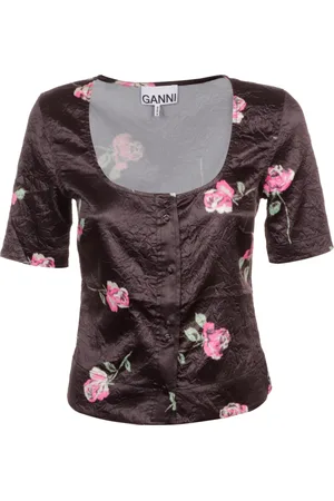 Ganni Bluser & Skjorter, Dame, Sort, L, Satin, Crinkled Satin U-Neck Bluse
