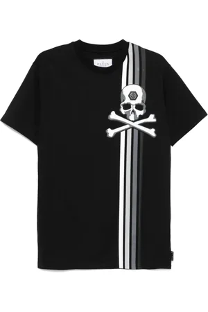 Philipp Plein Top, Herre, Sort, L, Sort Stribet Crew Neck T-shirt