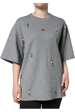 Dolce & Gabbana Top, Dame, Grå, XS, Bomuld, Gråt udsmykket rund hals t-shirt
