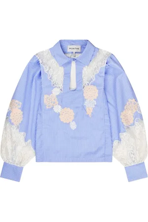Munthe Bluser & Skjorter, Dame, Blå, 2XL, Bomuld, Blå Blondebluse med Ballonærmer