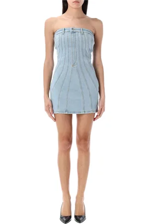 MUGLER Kjole, Dame, Blå, XS, Denim, Spiral Denim Bustier Kjole