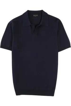 Roberto Collina Top, Herre, Blå, XL, Bomuld, Marineblå Strikket V-Hals Polo Skjorte