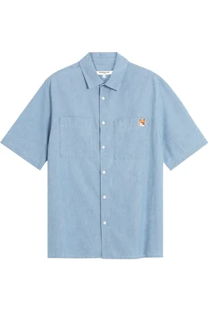 Maison Kitsuné Skjorte, Herre, Blå, M, Bomuld, Ikonsk Logo Patch Bomuldsskjorte