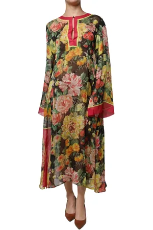 Dolce & Gabbana Kjole, Dame, Flerfarvet, L, Blomsterprint Silke Kaftan Maxi Kjole