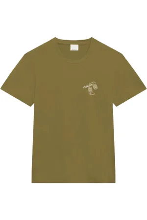 Isabel Marant Top, Herre, Grøn, M, Bomuld, Kortærmet Khaki T-shirt med Cowboy Støvle Broderi