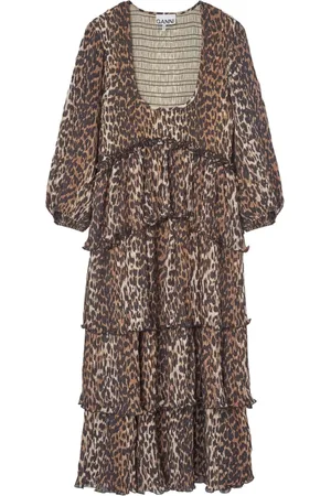 Ganni Kjole, Dame, , XS, Polyester, Leopard Print Midi Kjole