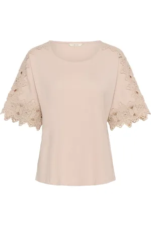 Cream Top, Dame, Lyserød, 2XL, Bomuld, Broderet Ærme Tee Sepia Rose