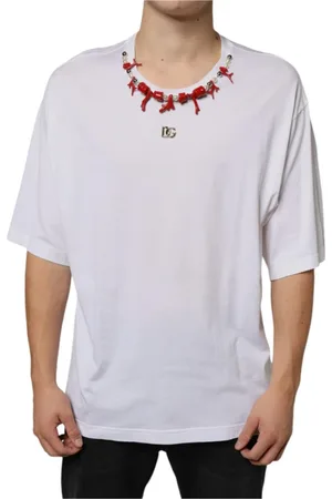 Dolce & Gabbana Top, Herre, Hvid, 4XL, Bomuld, Hvid Bomuld Halskæde Prydet T-shirt