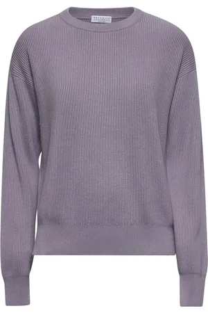 Brunello Cucinelli Strik, Dame, Lilla, XS, Bomuld, Ribstrikket Crewneck Sweater med Monili Broderi