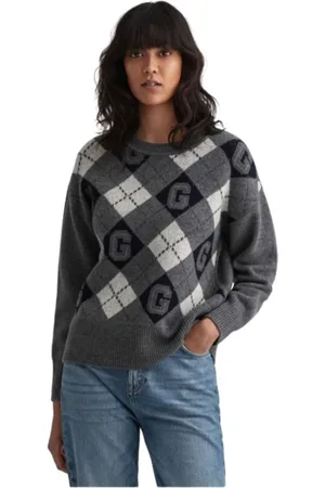 GANT Strik, Dame, Grå, L, Uld, Uldsweater med diamantmønster