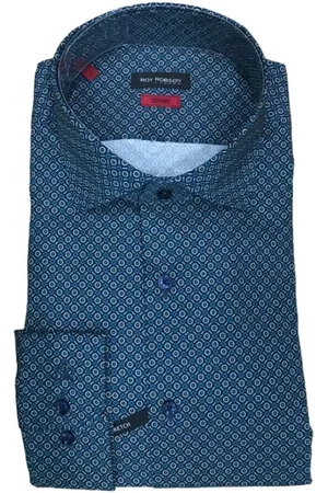 Roy Robson Skjorte, Herre, Blå, L, Bomuld, Grøn geometrisk slim fit skjorte