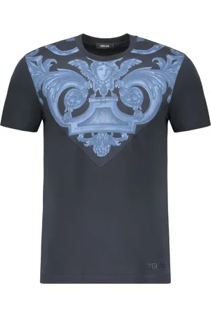 VERSACE Top, Herre, Blå, 2XL, Bomuld, Ribbet bomulds T-shirt med frontprint