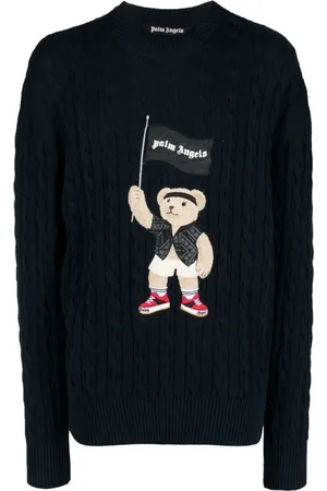 Palm Angels Strik, Herre, Blå, M, Bomuld, Pirate Bear Cable Knit Sweater