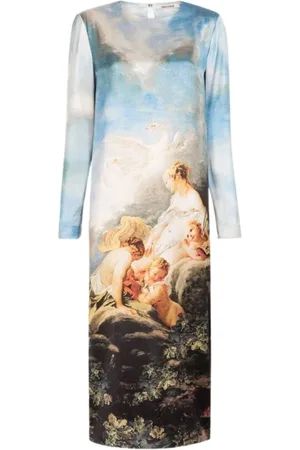 Roberto Cavalli Kjole, Dame, Flerfarvet, XS, Maleri-Print Kjole i Mellemlængde