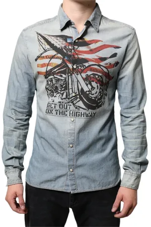 John Galliano Jakke, Herre, Blå, XS, Denim, Trykt Denim Skjorte med Lange Ærmer