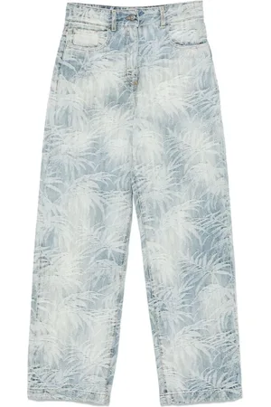 Palm Angels Jeans, Dame, Blå, W25, Bomuld, Palm Printed Straight Leg Jeans