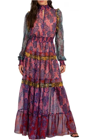 VERSACE Kjole, Dame, Flerfarvet, S, Uld, Blomstret Maxi Kjole med Flæser