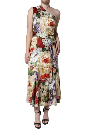 Dolce & Gabbana Kjole, Dame, Flerfarvet, M, Uld, Blomstret Silke En Skulder Maxi Kjole