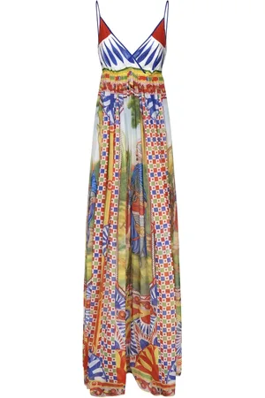 Dolce & Gabbana Kjole, Dame, Flerfarvet, S, Carretto Print V-Neck Kjole Multifarvet