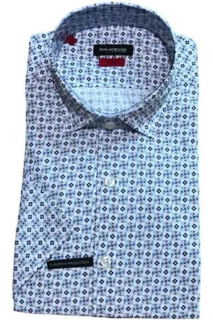 Roy Robson Skjorte, Herre, Blå, S, Bomuld, Geometrisk Print Slim Fit Kortærmet Skjorte