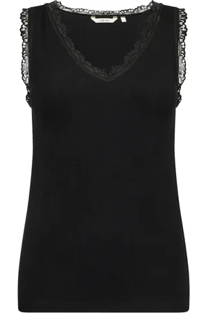 Cream Top, Dame, Sort, L, Sort V-hals top med blonder
