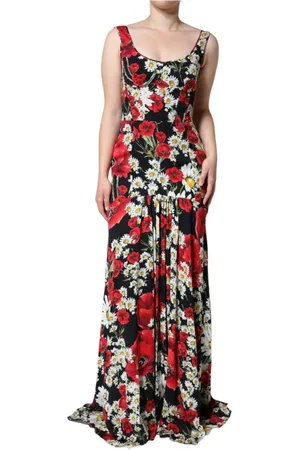 Dolce & Gabbana Kjole, Dame, Flerfarvet, S, Sort Blomstret Silke Ærmeløs Kjole