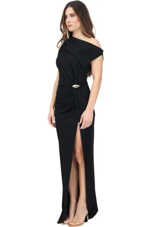 Elisabetta Franchi Kjole, Dame, Sort, M, Polyester, Lang Sort Kjole med Asymmetrisk Halsudskæring