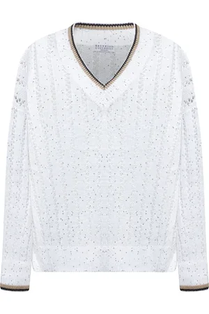 Brunello Cucinelli Strik, Dame, Hvid, L, Uld, Stribet V-hals striktrøje