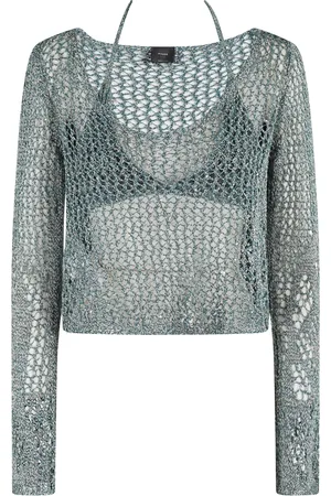 Pinko Top, Dame, Grøn, M, Bomuld, Åben Mesh Top Grøn Hvid Langærmet