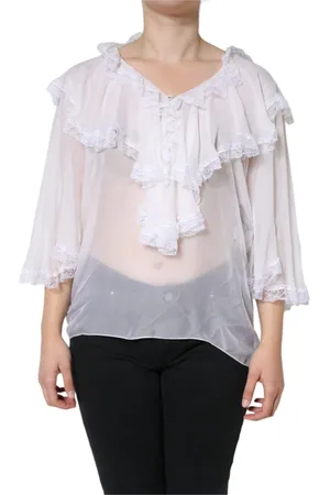Dolce & Gabbana Bluser & Skjorter, Dame, Hvid, M, Nylon, Hvid Langærmet Bluse med Ruffles og Blonder