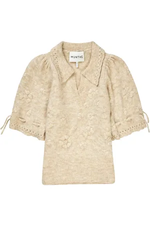 Munthe Strik, Dame, , L, Uld, Elegant Floral Broderet Polo Sweater