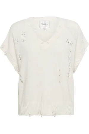 My Essential Wardrobe Strik, Dame, Hvid, L, Uld, Hvid V-Neck Strikvest med Huller