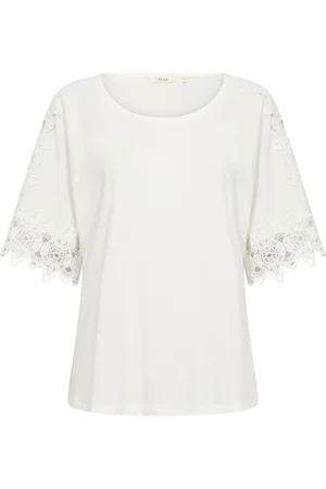 Cream Top, Dame, Hvid, XL, Bomuld, Broderet Ærme T-shirt Sne Hvid