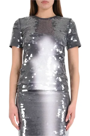 Sportmax Top, Dame, Grå, L, Paillet T-shirt i Trykt Jersey