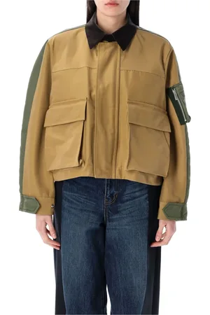 SACAI Jakke, Dame, Brun, S, Uld, Beige Khaki Velvet Krave Blouson Tøj